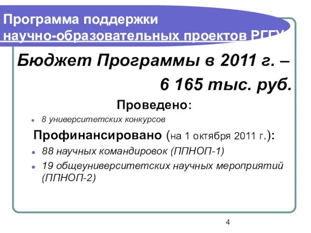 Бюджет Программы в 2011 г. – 6 165 тыс. руб. Проведено: 8