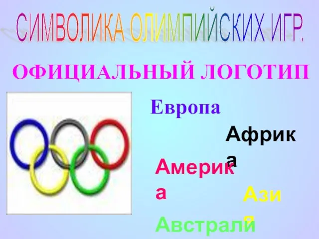 СИМВОЛИКА ОЛИМПИЙСКИХ ИГР. ОФИЦИАЛЬНЫЙ ЛОГОТИП Европа Африка Америка Азия Австралия