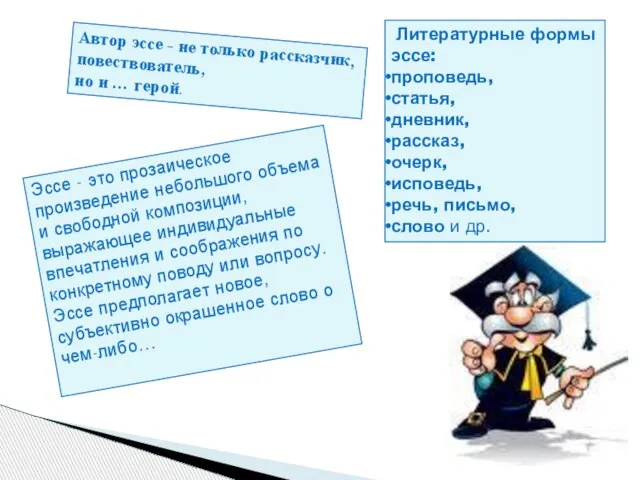 Автор эссе - не только рассказчик, повествователь, но и … герой. Эссе