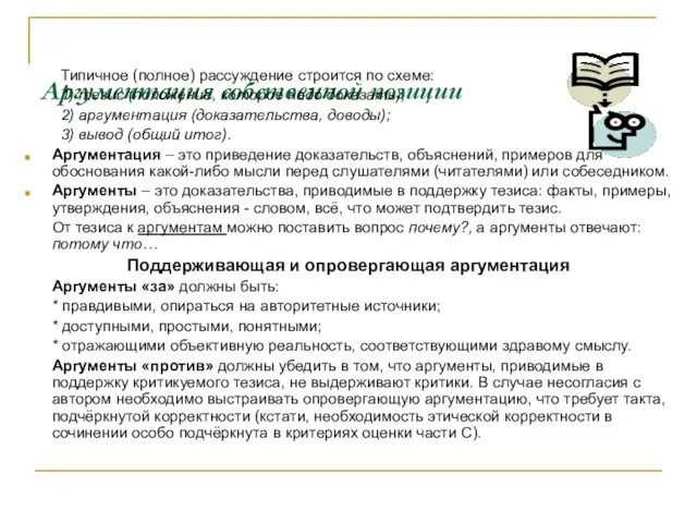 Аргументация собственной позиции Типичное (полное) рассуждение строится по схеме: 1) тезис (положение,