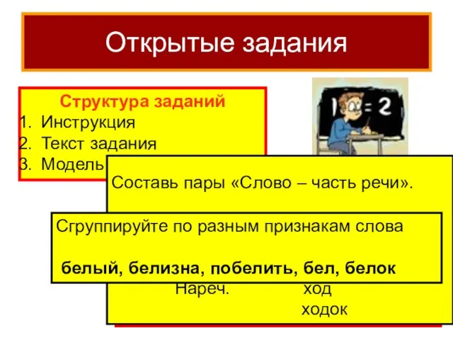 Открытые задания Структура заданий Инструкция Текст задания Модель ответа Типы заданий На