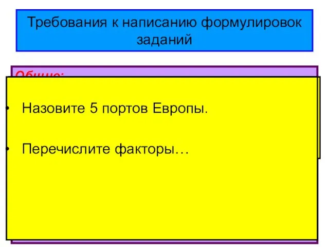 Требования к написанию формулировок заданий Общие: 1. Разделить задание на информативную часть