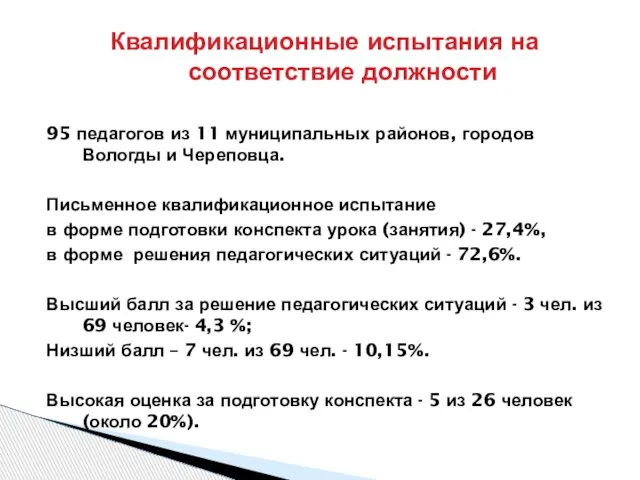 Квалификационные испытания на соответствие должности 95 педагогов из 11 муниципальных районов, городов