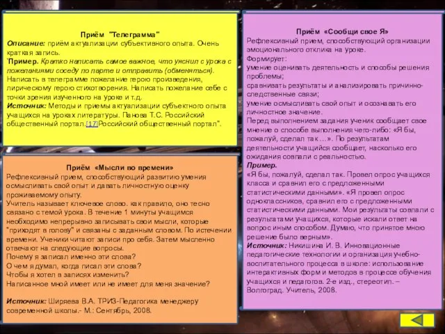 Приём "Телеграмма" Описание: приём актуализации субъективного опыта. Очень краткая запись. 'Пример. Кратко