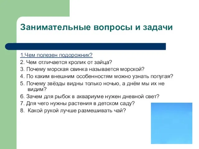 Занимательные вопросы и задачи 1.Чем полезен подорожник? 2. Чем отличается кролик от