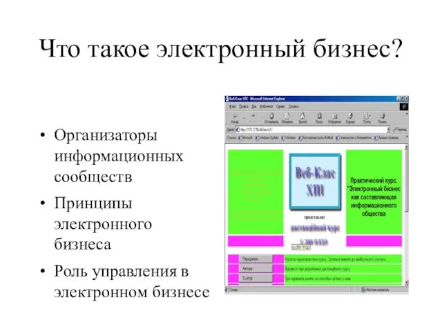 Что такое электронный бизнес? Организаторы информационных сообществ Принципы электронного бизнеса Роль управления в электронном бизнесе