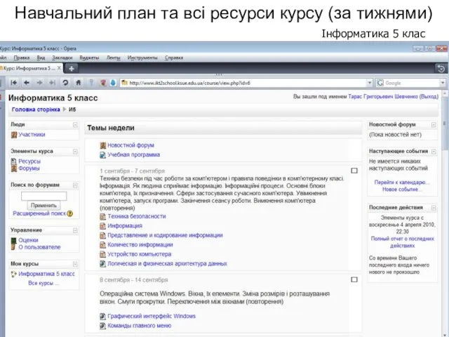 Навчальний план та всі ресурси курсу (за тижнями) Інформатика 5 клас
