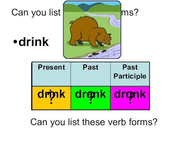 Can you list these verb forms? drink Can you list these verb forms?