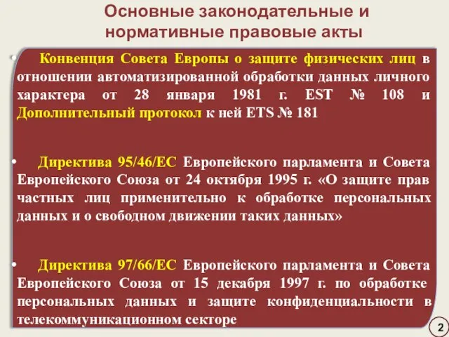 Основные законодательные и нормативные правовые акты Конвенция Совета Европы о защите физических