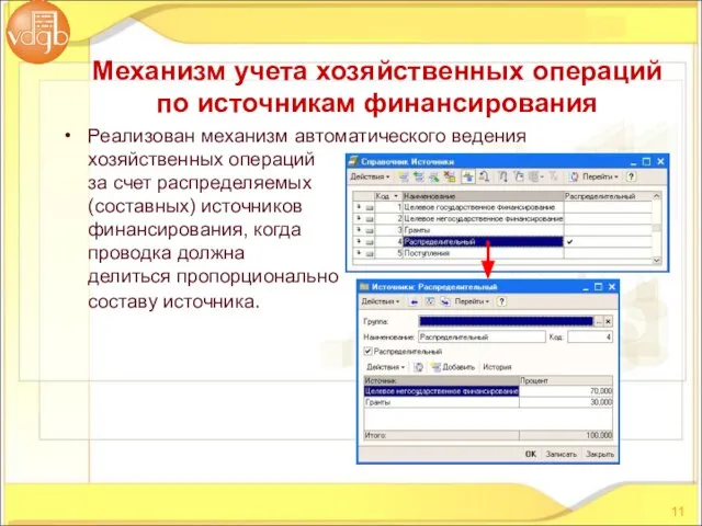 Реализован механизм автоматического ведения хозяйственных операций за счет распределяемых (составных) источников финансирования,