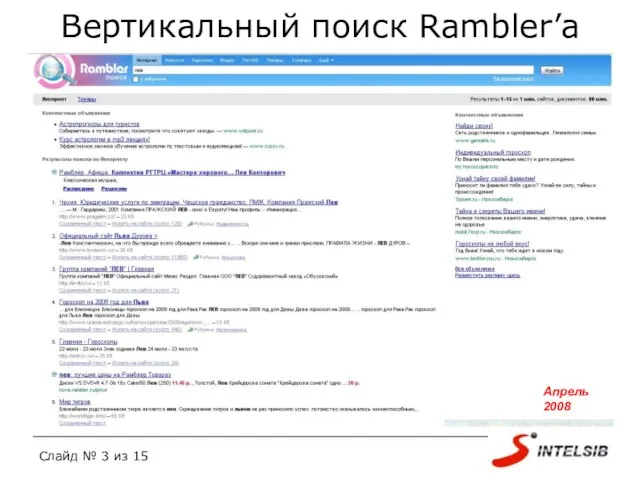 Вертикальный поиск Rambler’a Апрель 2008