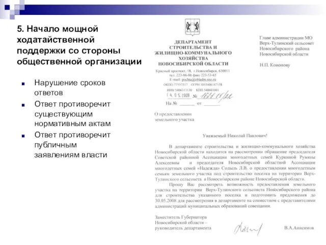 5. Начало мощной ходатайственной поддержки со стороны общественной организации Нарушение сроков ответов