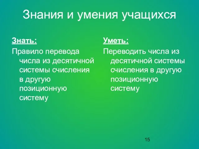 Знания и умения учащихся Знать: Правило перевода числа из десятичной системы счисления