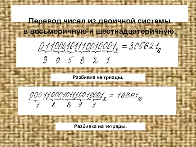 Перевод чисел из двоичной системы в восьмеричную и шестнадцатеричную. Разбивка на триады. Разбивка на тетрады.