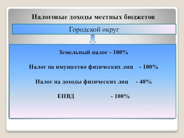 Налоговые доходы местных бюджетов Городской округ Земельный налог - 100% Налог на