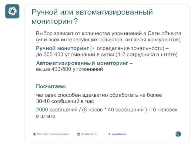 Ручной или автоматизированный мониторинг? Мониторинг социальных медиа 22 марта 2012 г. www.kribrum.ru
