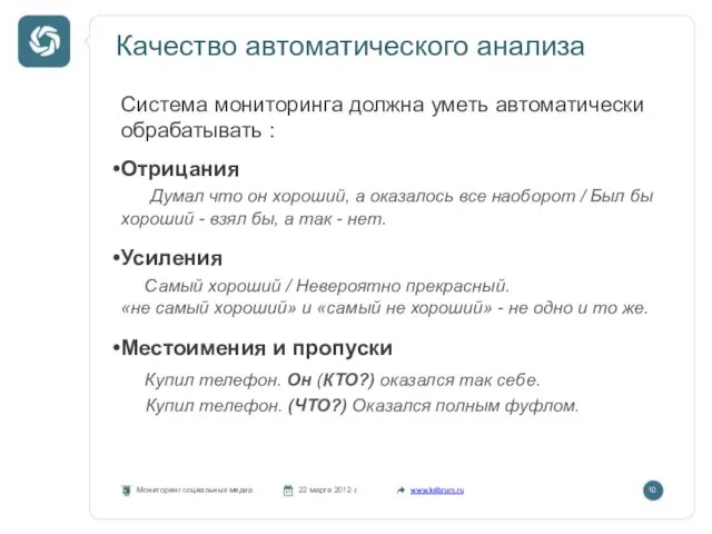 Качество автоматического анализа Мониторинг социальных медиа 22 марта 2012 г. www.kribrum.ru 10