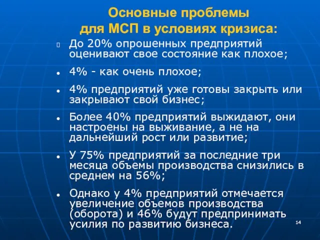 Основные проблемы для МСП в условиях кризиса: До 20% опрошенных предприятий оценивают