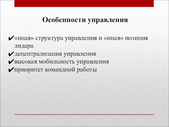 «иная» структура управления и «иная» позиция лидера децентрализация управления высокая мобильность управления