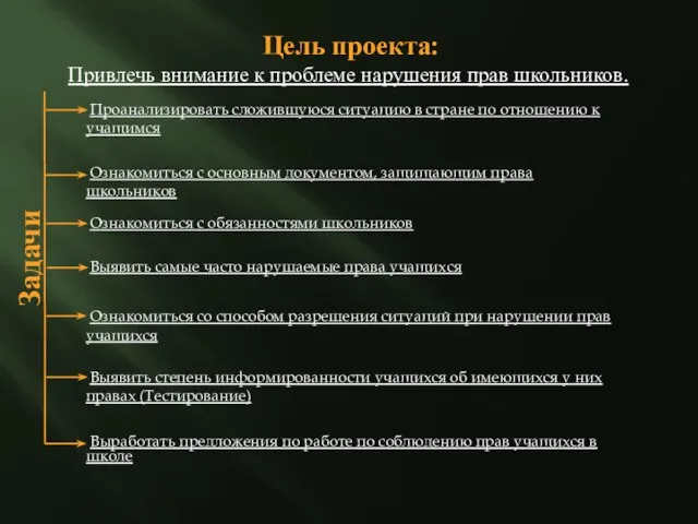 Цель проекта: Привлечь внимание к проблеме нарушения прав школьников. Выработать предложения по