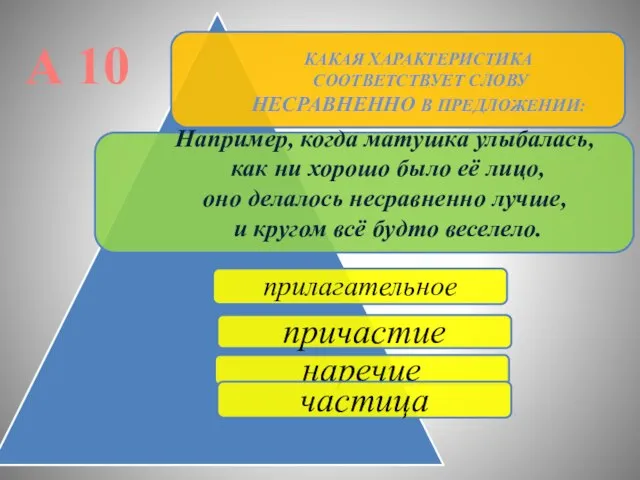 КАКАЯ ХАРАКТЕРИСТИКА СООТВЕТСТВУЕТ СЛОВУ НЕСРАВНЕННО В ПРЕДЛОЖЕНИИ: Например, когда матушка улыбалась, как