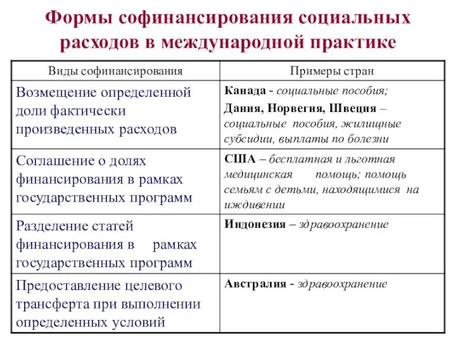 Формы софинансирования социальных расходов в международной практике