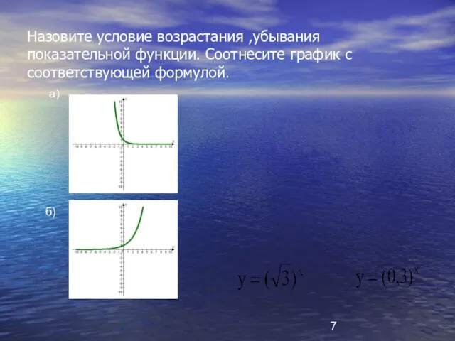 Назовите условие возрастания ,убывания показательной функции. Соотнесите график с соответствующей формулой. а) б)