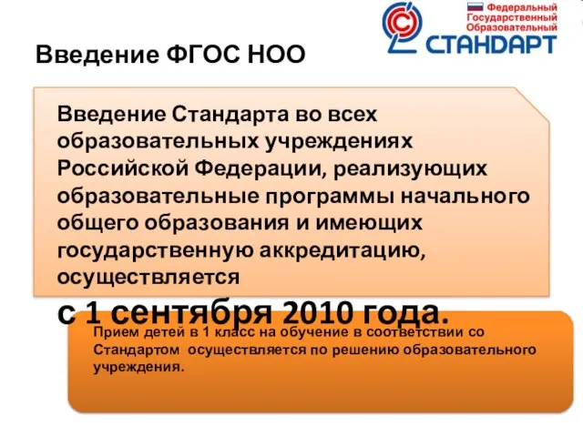 Введение ФГОС НОО Введение Стандарта во всех образовательных учреждениях Российской Федерации, реализующих