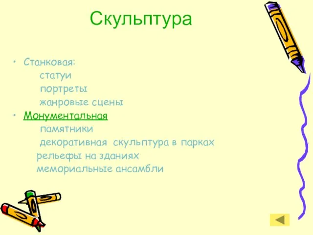 Скульптура Станковая: статуи портреты жанровые сцены Монументальная памятники декоративная скульптура в парках