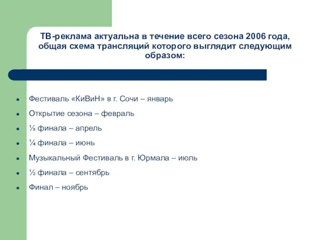 ТВ-реклама актуальна в течение всего сезона 2006 года, общая схема трансляций которого