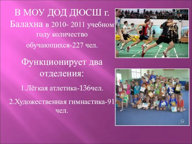 В МОУ ДОД ДЮСШ г.Балахна в 2010- 2011 учебном году количество обучающихся-227