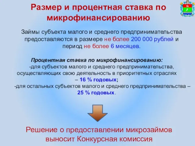 Размер и процентная ставка по микрофинансированию Решение о предоставлении микрозаймов выносит Конкурсная