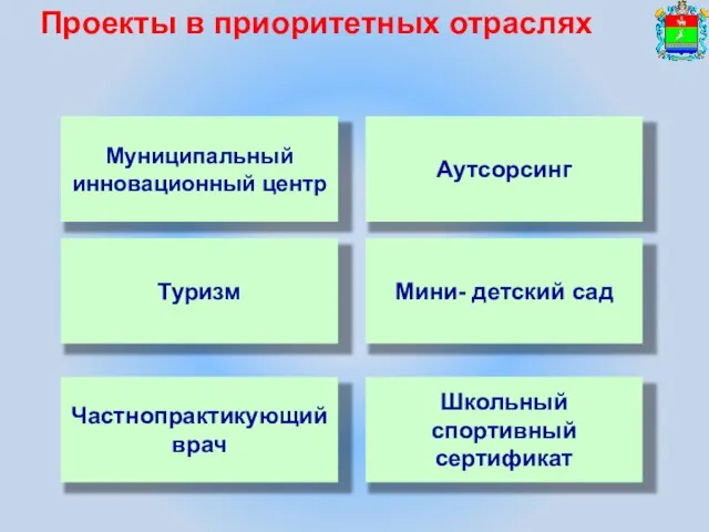 Проекты в приоритетных отраслях Муниципальный инновационный центр Аутсорсинг Туризм Мини- детский сад