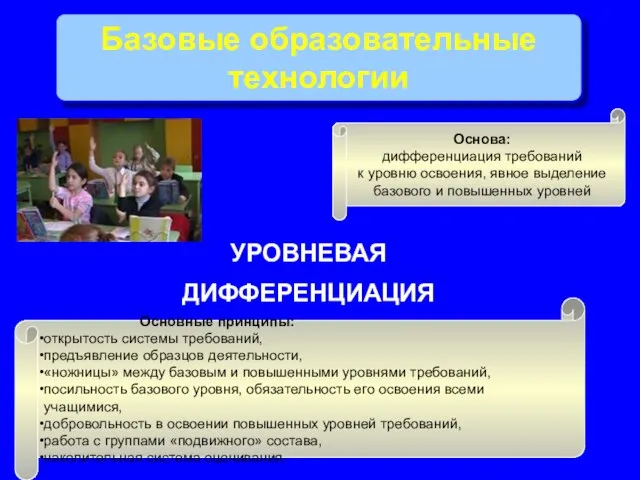 УРОВНЕВАЯ ДИФФЕРЕНЦИАЦИЯ Базовые образовательные технологии Основные принципы: открытость системы требований, предъявление образцов