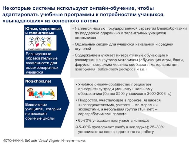 Некоторые системы используют онлайн-обучение, чтобы адаптировать учебные программы к потребностям учащихся, «выпадающих»