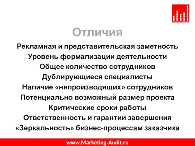 Отличия Рекламная и представительская заметность Уровень формализации деятельности Общее количество сотрудников Дублирующиеся