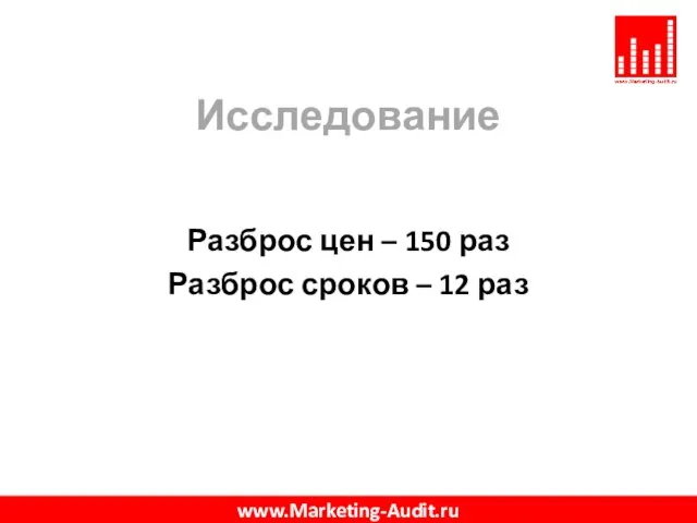 Исследование Разброс цен – 150 раз Разброс сроков – 12 раз www.Marketing-Audit.ru