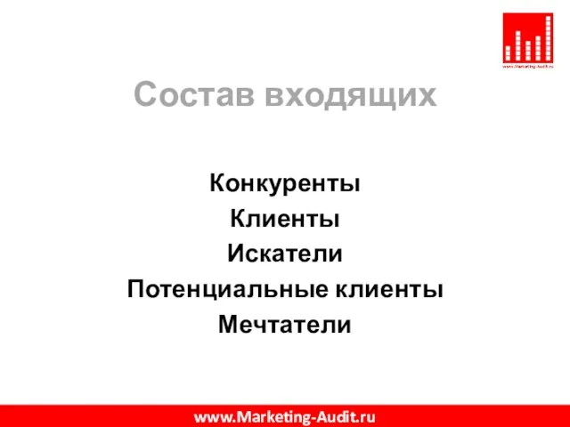 Состав входящих Конкуренты Клиенты Искатели Потенциальные клиенты Мечтатели www.Marketing-Audit.ru