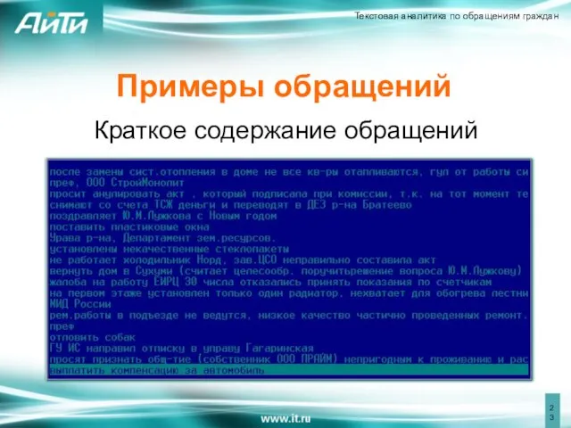 Примеры обращений Краткое содержание обращений