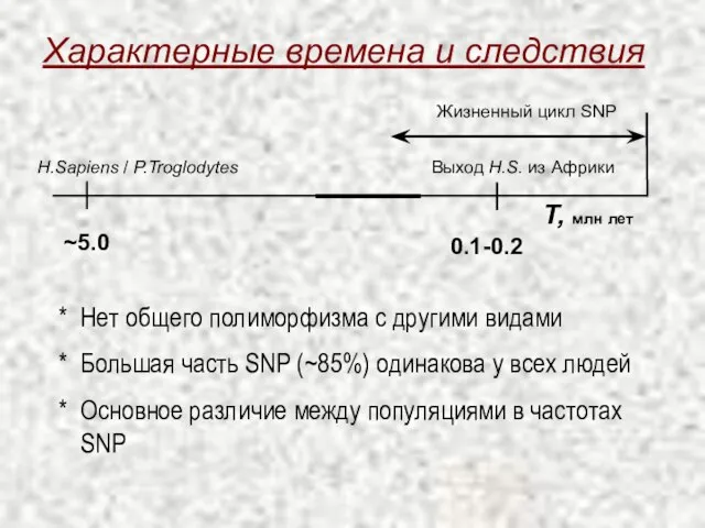 T, млн лет ~5.0 H.Sapiens / P.Troglodytes Выход H.S. из Африки 0.1-0.2