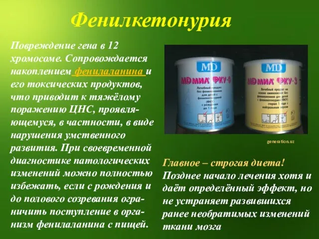 Повреждение гена в 12 хромосоме. Сопровождается накоплением фенилаланина и его токсических продуктов,