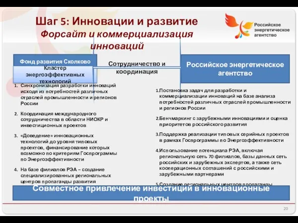 Фонд развития Сколково Российское энергетическое агентство Кластер энергоэффективных технологий Сотрудничество и координация