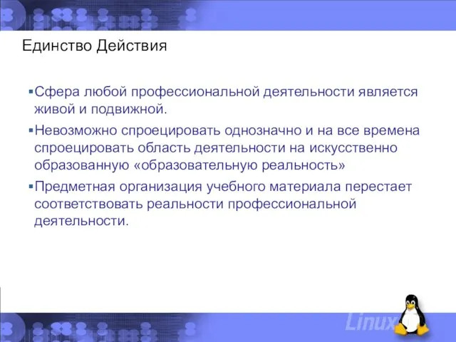 Единство Действия Сфера любой профессиональной деятельности является живой и подвижной. Невозможно спроецировать