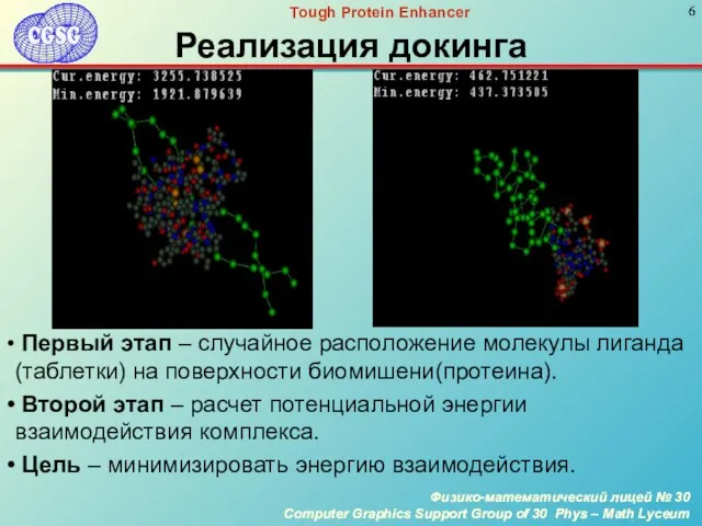 Реализация докинга Первый этап – случайное расположение молекулы лиганда(таблетки) на поверхности биомишени(протеина).