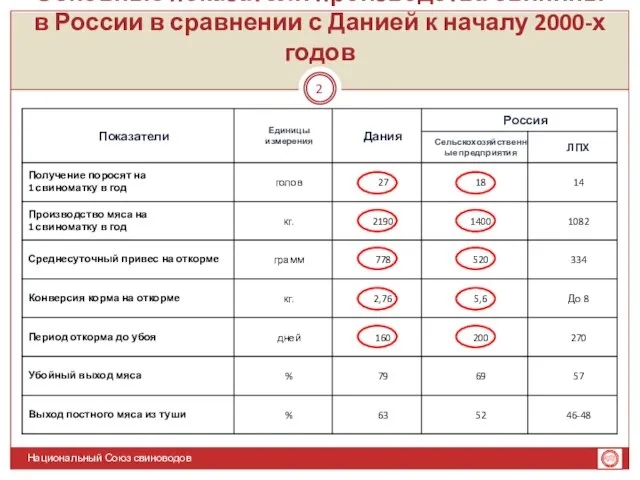 Основные показатели производства свинины в России в сравнении с Данией к началу