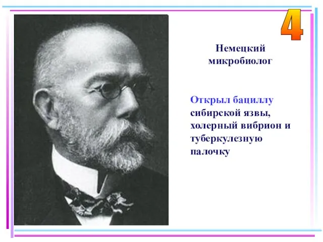 Немецкий микробиолог Открыл бациллу сибирской язвы, холерный вибрион и туберкулезную палочку 4