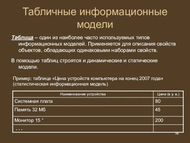 Табличные информационные модели Таблица – один из наиболее часто используемых типов информационных