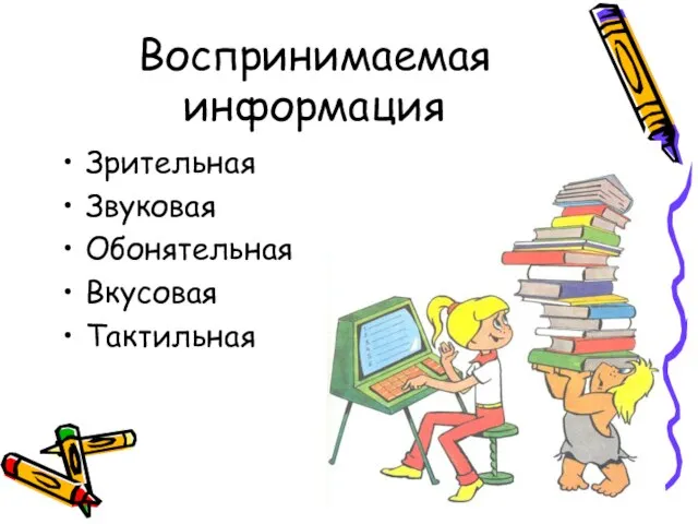 Воспринимаемая информация Зрительная Звуковая Обонятельная Вкусовая Тактильная