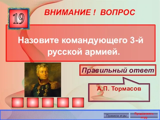 ВНИМАНИЕ ! ВОПРОС Назовите командующего 3-й русской армией. 19 Правильный ответ А.П.