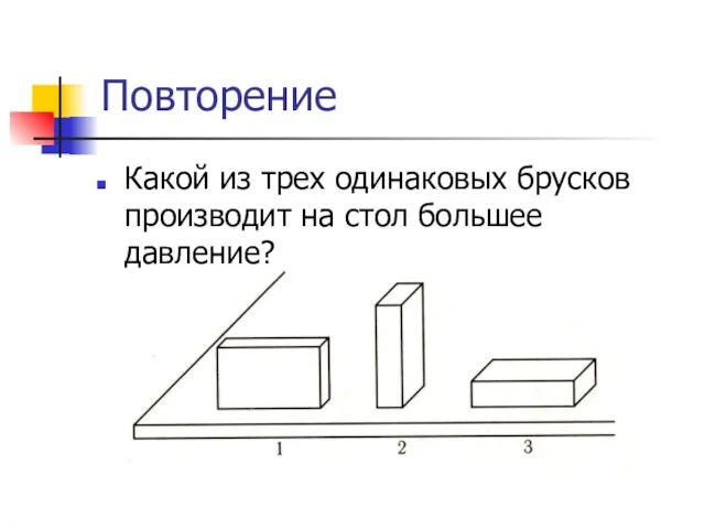 Повторение Какой из трех одинаковых брусков производит на стол большее давление?